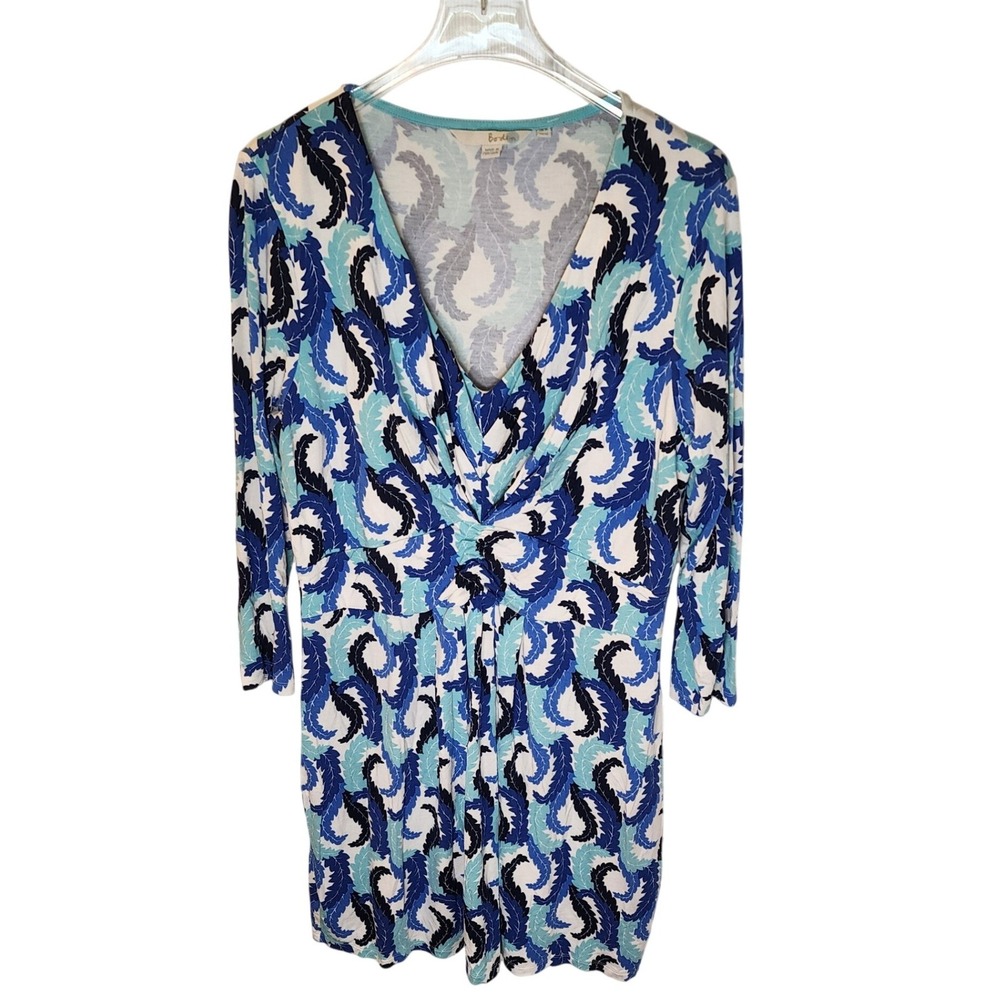 Boden Blue White Feather Print Twist V-Neck Jersey Dress W0172 US 12 UK 16